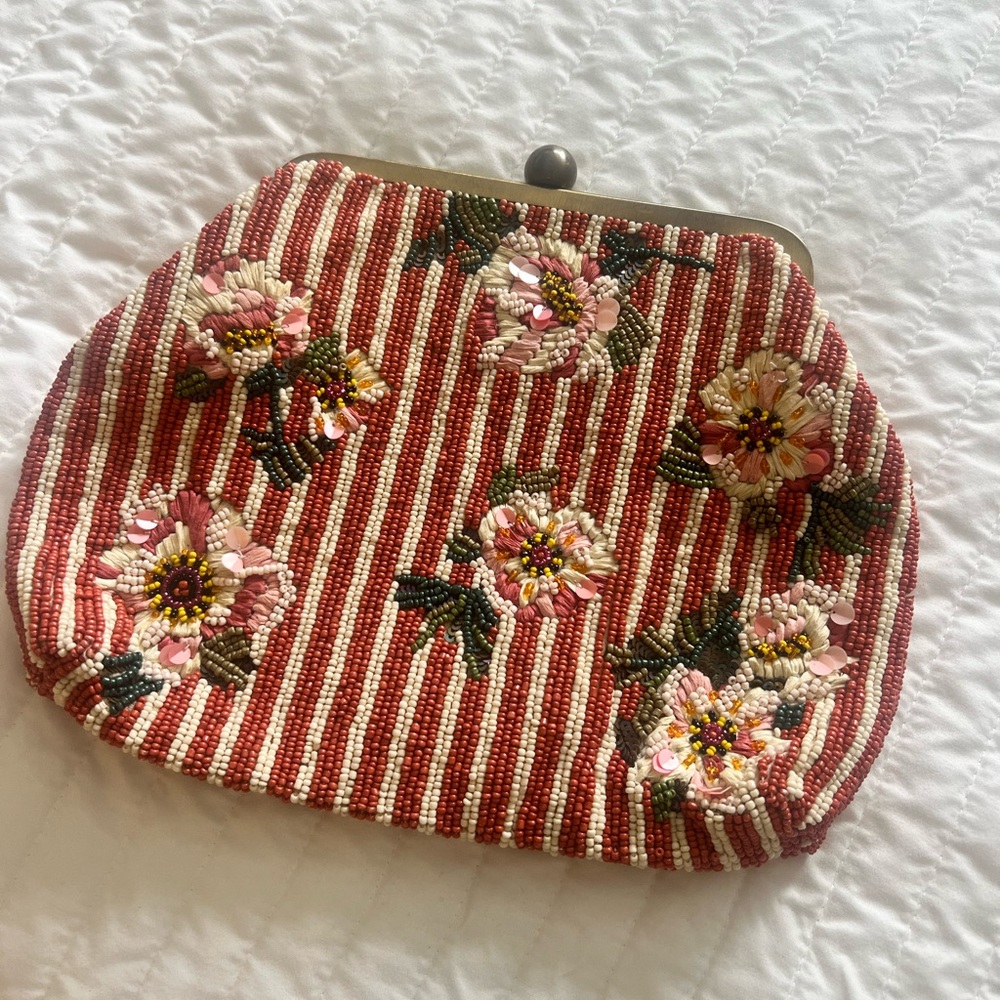 Anthropologie Striped Floral Beaded Clutch - Coral, Cream and Pink